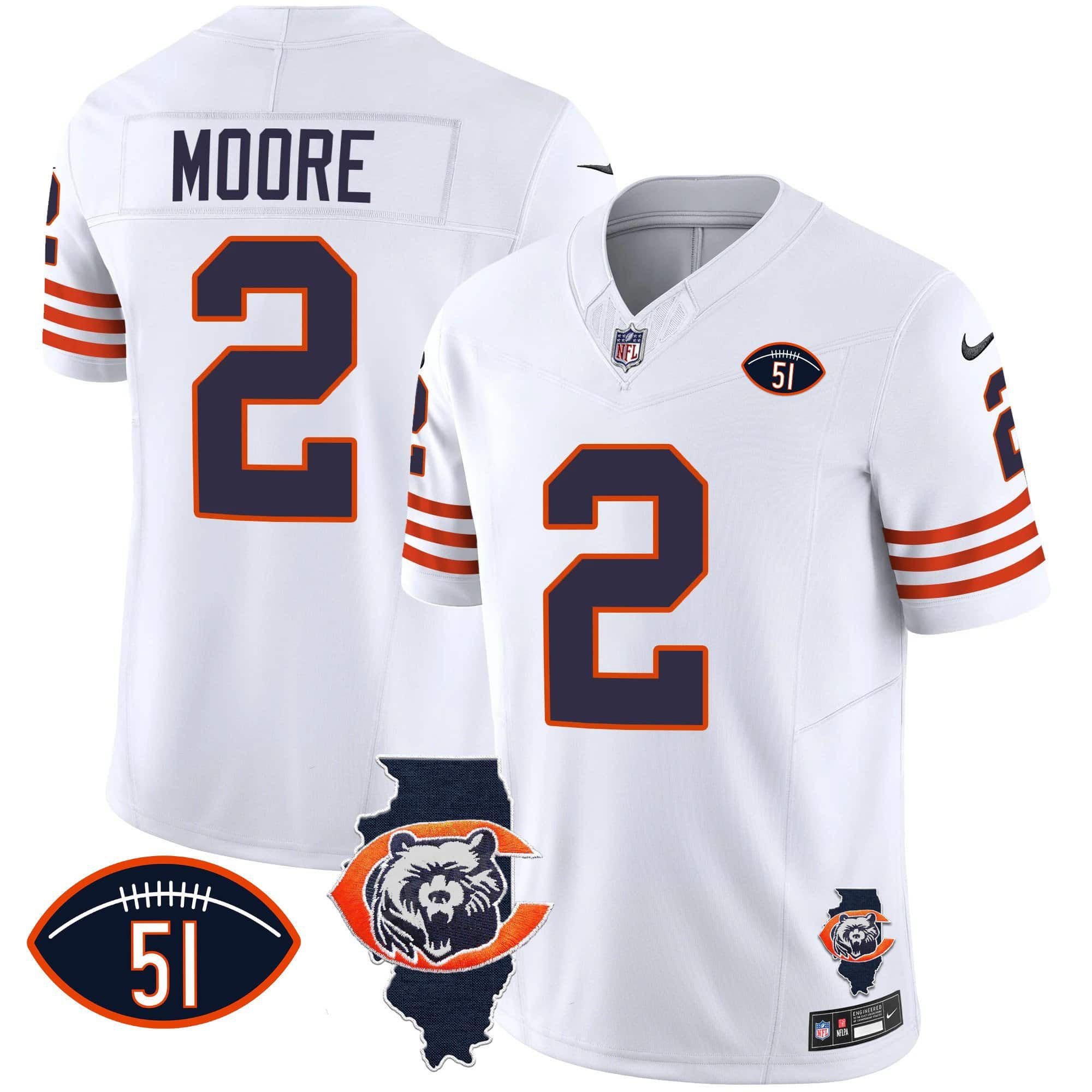 Men Chicago Bears #2 Moore White 2024 Nike Throwback Illinois Patch Vapor NFL Jersey